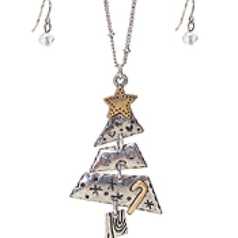 Christmas Tree Pendant Necklace Earrings Set 18"